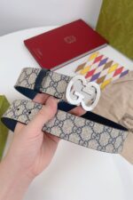 Gucci GG Navy/Khaki Belt Silver Buckle