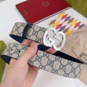 Gucci GG Navy/Khaki Belt Silver Buckle